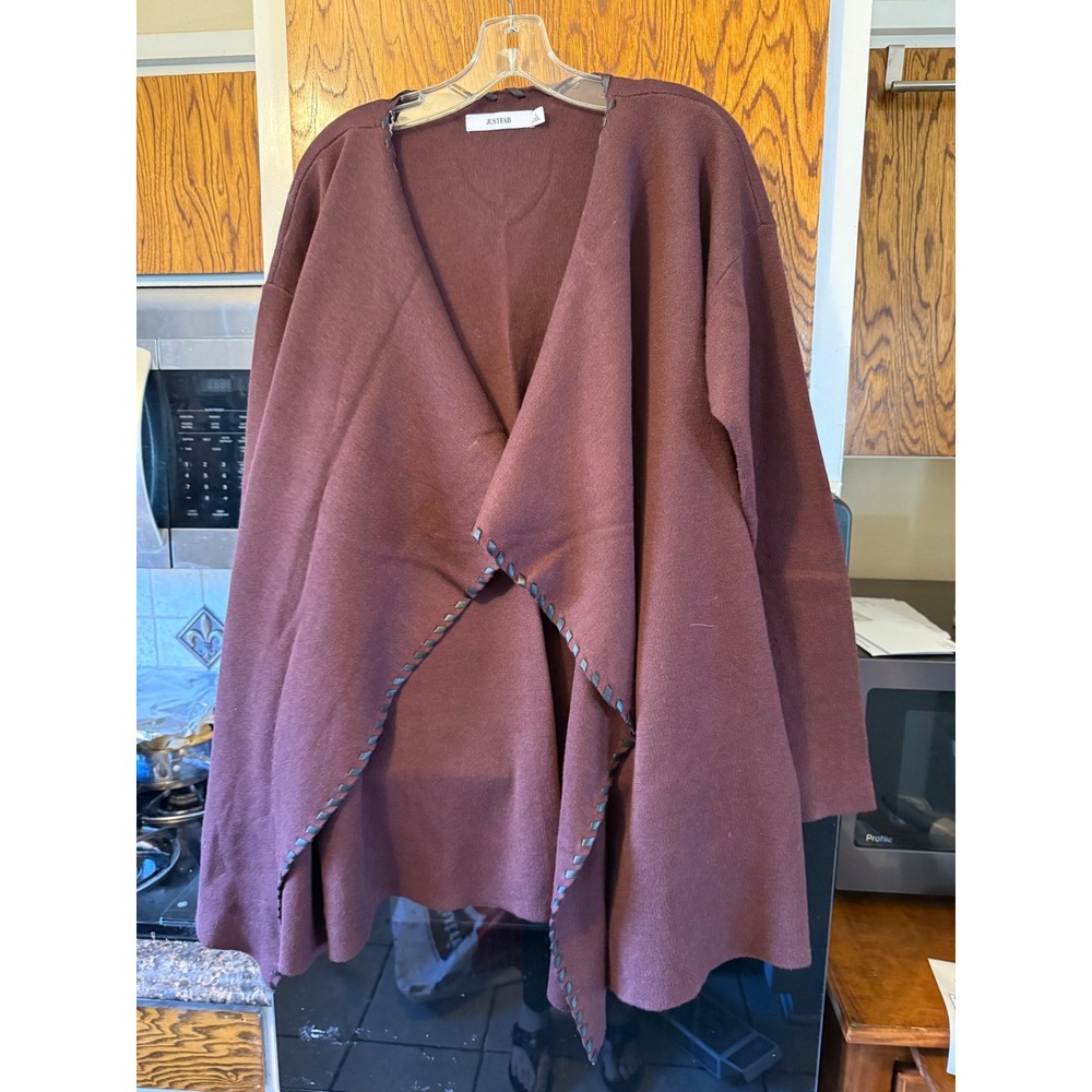 JustFab Burgundy Knit Open Front‎ Cardigan Whipstitch Trim Size Large